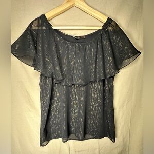 The Limited Black Sheer Gold Metallic Flutter Sleeve Draped Blouse Short Sleeve